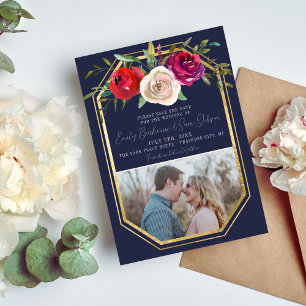 Save The Date Radial Floral Navy Bleu Bourgogne Rouge Mariage