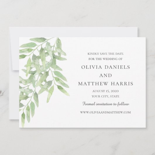 Save The Date Rameaux d'olive élégants. Mariage simple botanique (Devant)