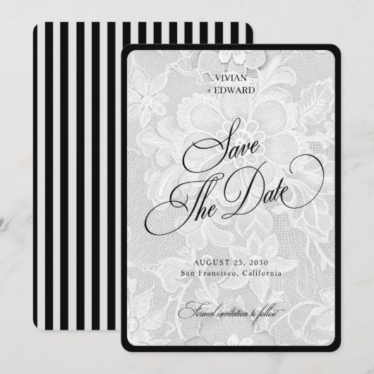 Save The Date Rays de dentelle blanche bordure élégante mariage (Devant / Derrière)