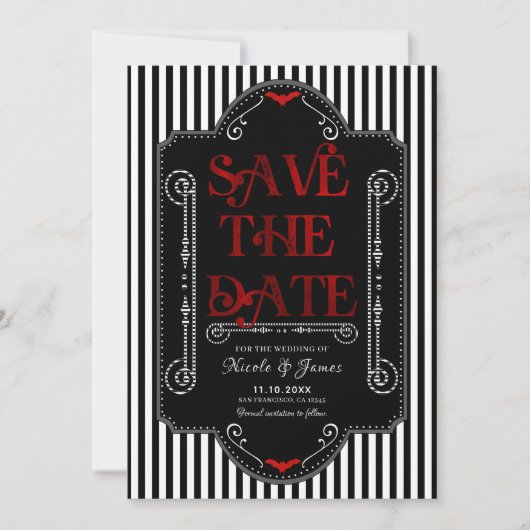 Save The Date Rayures noires et blanches Gothique Rouge Chauve-s (Devant)