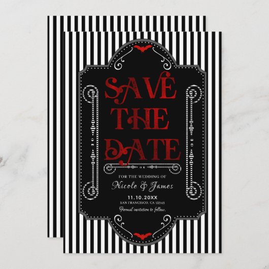 Save The Date Rayures noires et blanches Gothique Rouge Chauve-s (Devant / Derrière)
