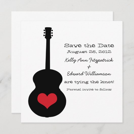 Save The Date Red/Black Guitar Heart Enregistrer la date Invitat (Devant / Derrière)