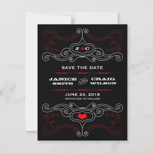 Save The Date Red & Black Rock 'n' Roll Music Mariage à thème (Devant)