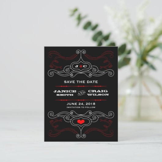 Save The Date Red & Black Rock 'n' Roll Music Mariage à thème (Debout devant)