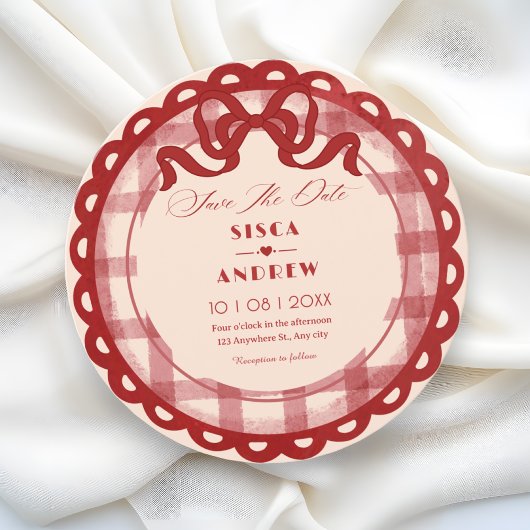 Save The Date Red bow plaid wedding