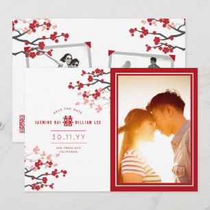 Save The Date Red Cherry Blossoms Chinois Double Bonheur Photo