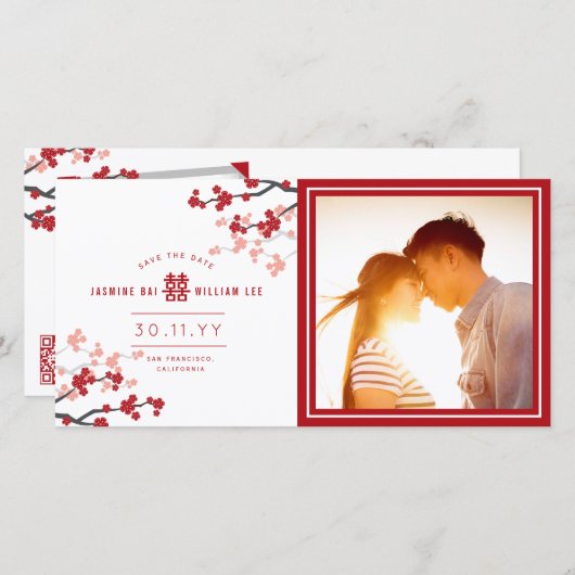 Save The Date Red Cherry Blossoms Chinois Double Bonheur Photo (Devant / Derrière)