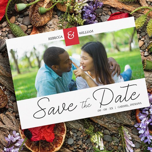 Save The Date Red Chic Custom Photo Instant Engagé Couple