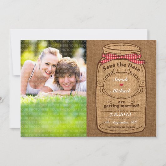 Save The Date Red En vichy & Burlap Mason Jar Photo Enregistrer  (Devant)