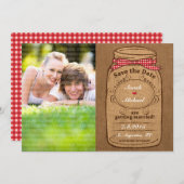 Save The Date Red En vichy & Burlap Mason Jar Photo Enregistrer  (Devant / Derrière)