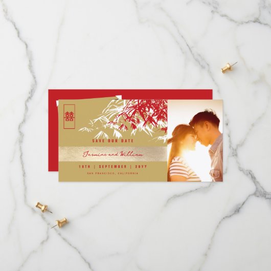 Save The Date Red Gold Zen Bamboo Feuille Photo Mariage chinois (Devant/Arrière en situation)