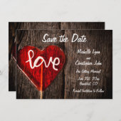 Save The Date Red Heart Love Lollipop Rustic Barn Wood Mariage (Devant / Derrière)