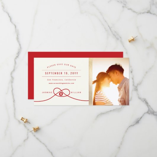 Save The Date Red Knot Double Bonheur Mariage chinois Photo (Devant/Arrière en situation)