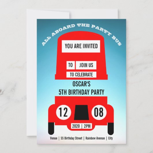 Save The Date Red London Bus Enfants Fête d'anniversaire Invitat (Devant)