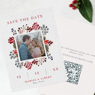 Save The Date Red & Navy Winter Berries Photo & QR Code Mariage