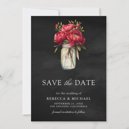 Save The Date Red Peony Floral Mason Jar Black Mariage Photo (Devant)