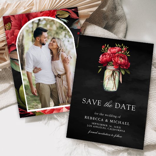 Save The Date Red Peony Floral Mason Jar Black Mariage Photo