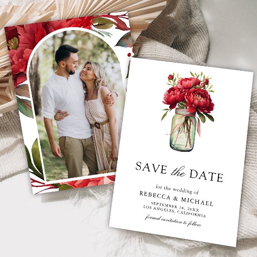 Save The Date Red Peony Floral Mason Jar Photo Mariage
