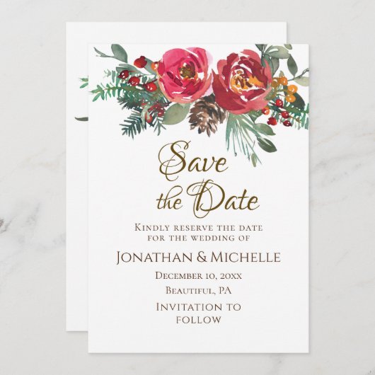 Save The Date Red Roses À feuillage persistant Noël hiver Mariag (Devant / Derrière)