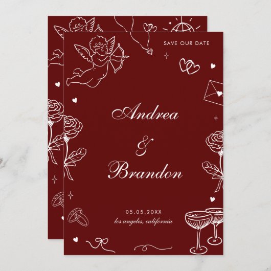 Save The Date Red Whimsical Hand Drawn Fun Scribble Wedding (Devant / Derrière)