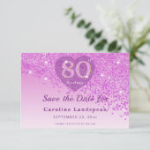 Save The Date Refined 80th Birthday Pink Glitter Frosted Heart (Debout devant)