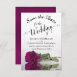 Save The Date Reflecting Cassis Purple Rose Romantic Wedding<br><div class="desc">This wedding Save the Date card is romantic, élégant, classy, and beautiful. Objets matériels a photograph of a single long stemmed cassis purple, magenta, or berry colored rose reflecting in a pool of water with waves and ripples. The text is a fancy script calligraphy on a white background. Patter The...</div>