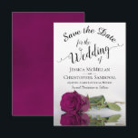 Save The Date Reflecting Cassis Purple Rose Romantic Wedding<br><div class="desc">This wedding Save the Date card is romantic, élégant, classy, and beautiful. Objets matériels a photograph of a single long stemmed cassis purple, magenta, or berry colored rose reflecting in a pool of water with waves and ripples. The text is a fancy script calligraphy on a white background. Patter The...</div>