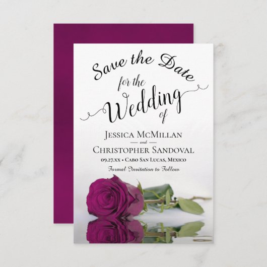 Save The Date Reflecting Cassis Purple Rose Romantic Wedding (Devant / Derrière)