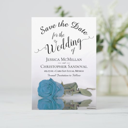 Save The Date Reflet bleu turquoise Rose romantique Mariage (Debout devant)