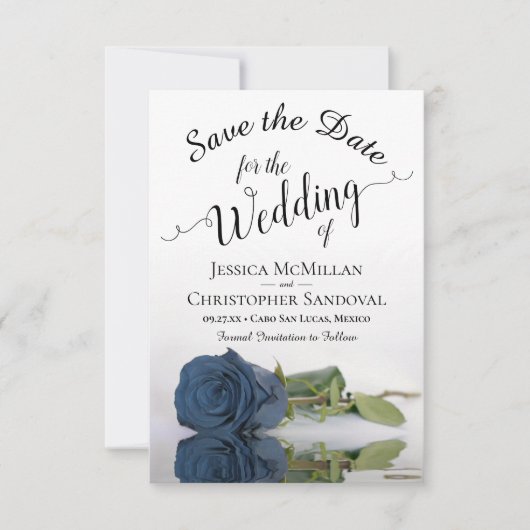 Save The Date Reflet Dusty Steel Blue Rose Mariage romantique (Devant)