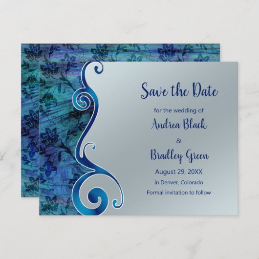 Save The Date Réflexions en bleu et en argent Enregistrer la car (Devant / Derrière)