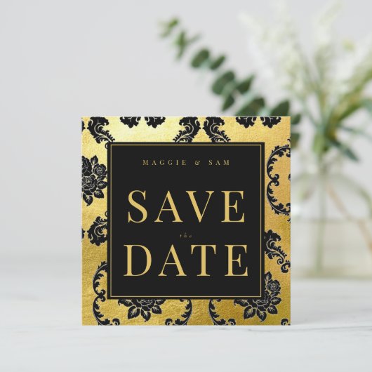 Save The Date Regal Black & Gold Mariage damassé Enregistrer la  (Debout devant)