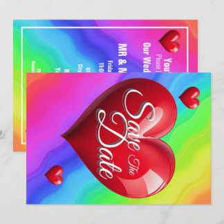 Save The Date Regenboog Bruiloft Rood 3 Harten Kaart