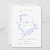 Save The Date Regency Bleu Feuille Crest Monogramme Mariage Phot (Devant)