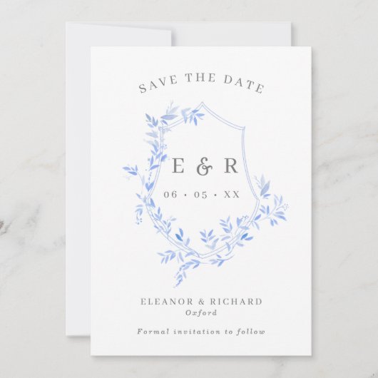 Save The Date Regency Bleu Feuille Crest Monogramme Mariage Phot (Devant)