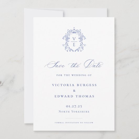 Save The Date Regency Blue Monogram Crest Mariage (Devant)
