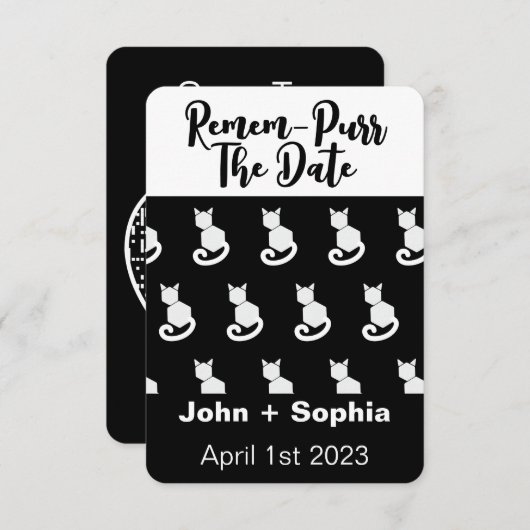 Save The Date Remem-Purr Funny Chat moderne noir et blanc Économ (Devant / Derrière)