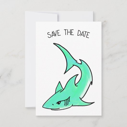 Save The Date requin souriant de dessin animé bleu vert océan an (Devant)
