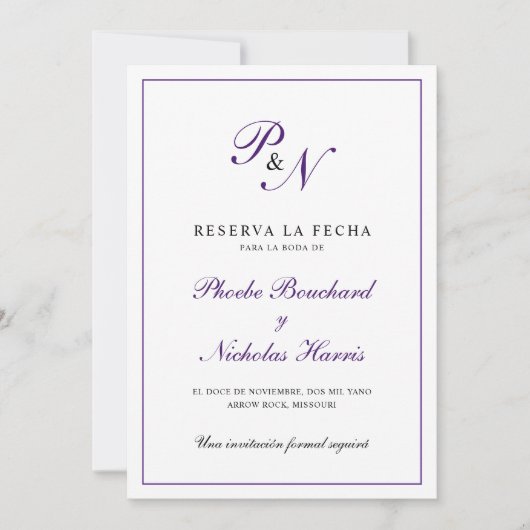 Save The Date Reserva la Fecha Purple Monogramme Formel Espagnol (Devant)