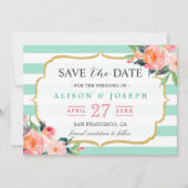 Save The Date Réservez la date | Classy Mint Green Stripes Flora (Devant)