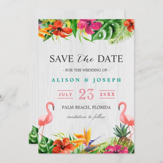 Save The Date Réservez la date | Luau Flamant rose floral tropic (Devant / Derrière)