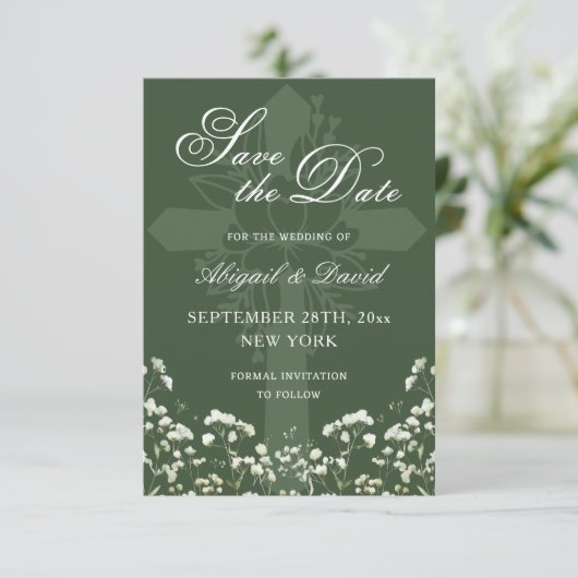 Save The Date Respiration du bébé sur le sage Mariage vert Enreg (Debout devant)