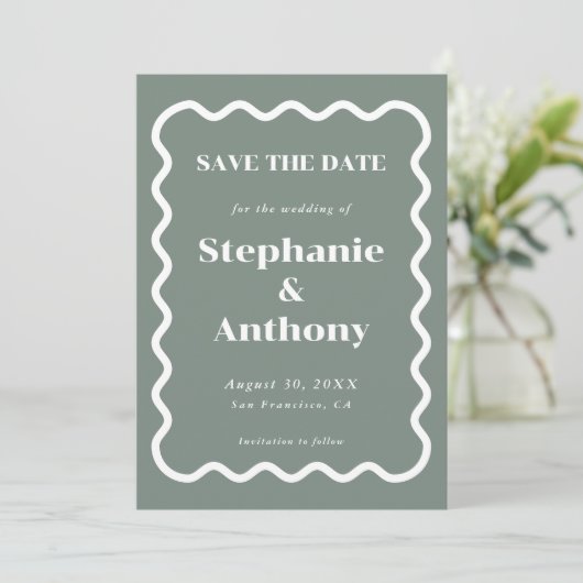 Save The Date Retro 1950 Wavy Edge Sage Green Mariage (Debout devant)