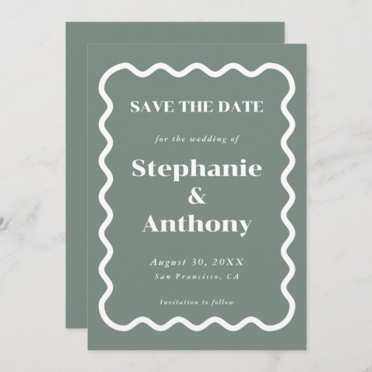 Save The Date Retro 1950 Wavy Edge Sage Green Mariage (Devant / Derrière)