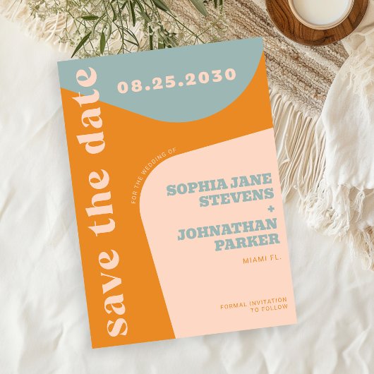 Save The Date Retro 70s dusty blue orange pink wedding