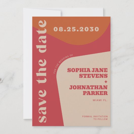 Save The Date Retro 70s red orange beige wedding (Devant)