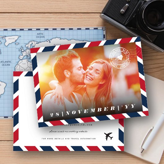 Save The Date Retro Airmail Photo Postal Destination Mariage