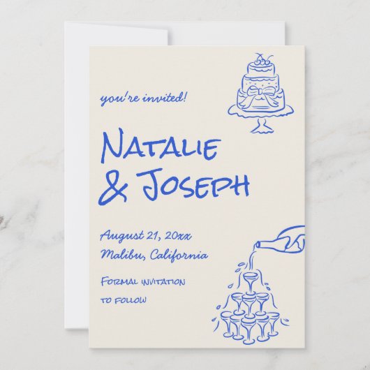 Save The Date Retro Blue Hand Drawn Champagne Tower Cake Wedding (Devant)