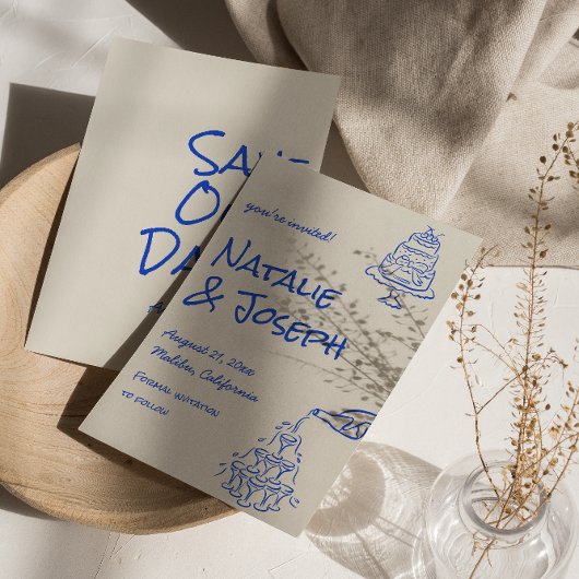 Save The Date Retro Blue Hand Drawn Champagne Tower Cake Wedding