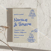 Save The Date Retro Blue Hand Drawn Champagne Tower Cake Wedding